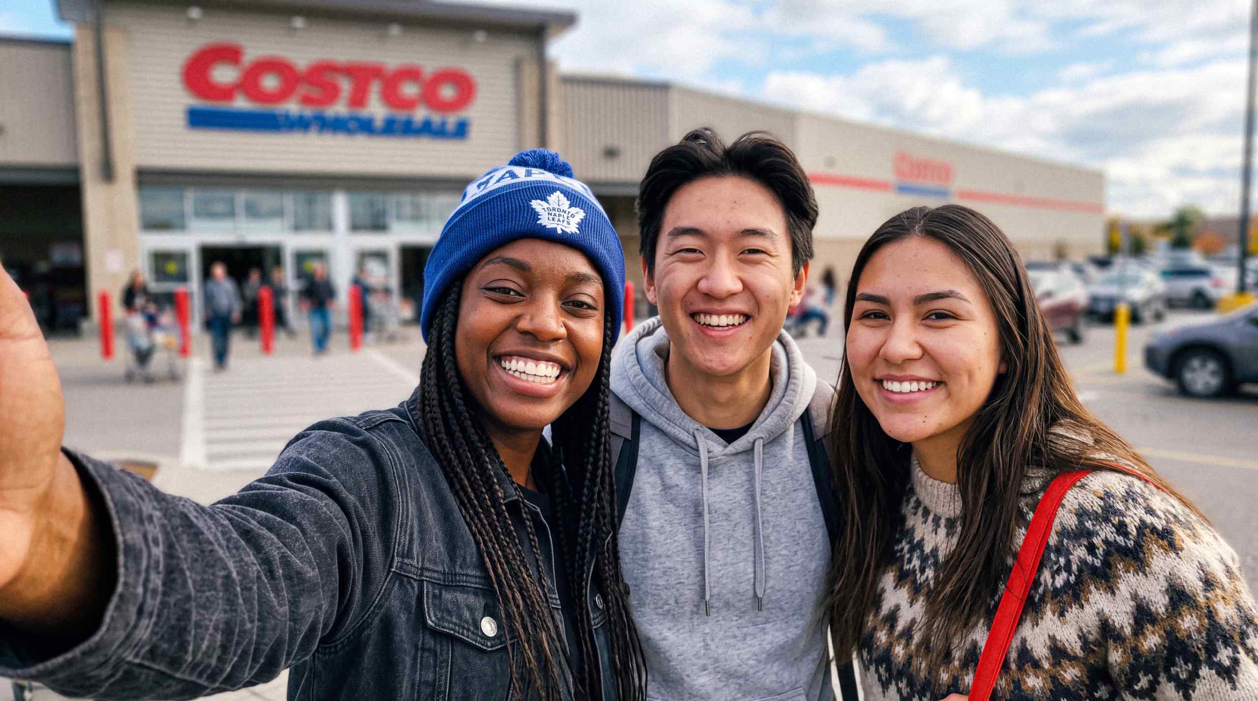 A group of friends taking a selfie in front of a Costco.